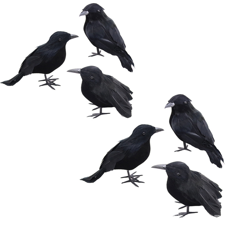 Realistic Black Crow Halloween Decor — Set of 6 Flocked Crows